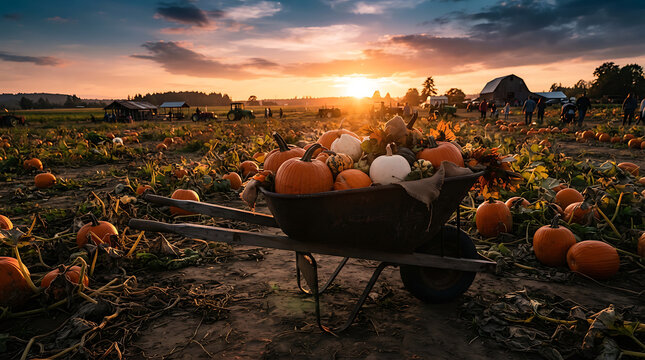 Pumpkin patch harvest at sunset: wheelbarrow full of orange pumpkins in autumn field with golden hour light