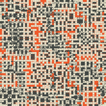 Seamless pattern with crosswords and handwritten text with grunge style, ink stains and strikethrough. Abstract texture. Fabric, wallpaper, wrapping paper, tile. Endpaper. 