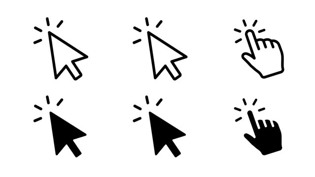 Collection of black and white computer cursor and hand pointer icons for digital UI with navigation selection internet technology computer interface