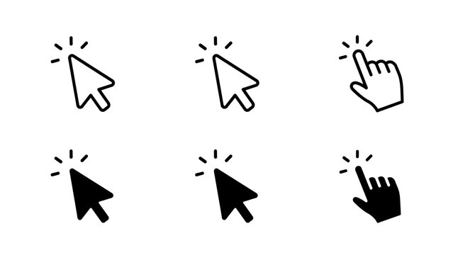 Minimalist set of mouse cursor and click hand icons for web design and user interface with interface selection technology internet navigation computer