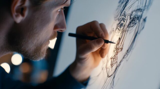 A talented man draws a realistic face using precise pencil strokes, capturing emotion and expression. The image emphasizes creativity, inspiration, and the artistry of hand drawn illustration