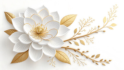 Fototapeta na wymiar Decorative white lotus style flower with golden leaf accents