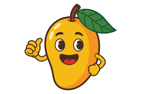 Happy cartoon mango character giving a thumbs up and a thumbs down fruit
