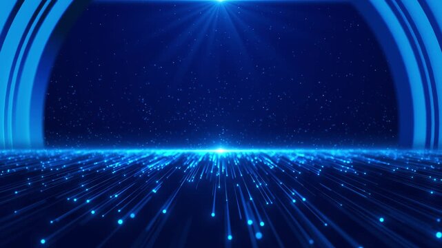 Futuristic blue fiber stage visual glowing data floor, star particles, top spotlight, clean presentation space. software launches, digital events, product promos, 19 titles, motion graphics.