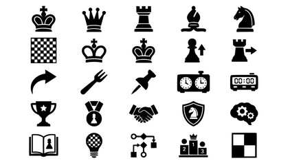Chess Figure Silhouette Pack with Chessboard and Strategy Icons Vector Illustration © MSTSHABANA