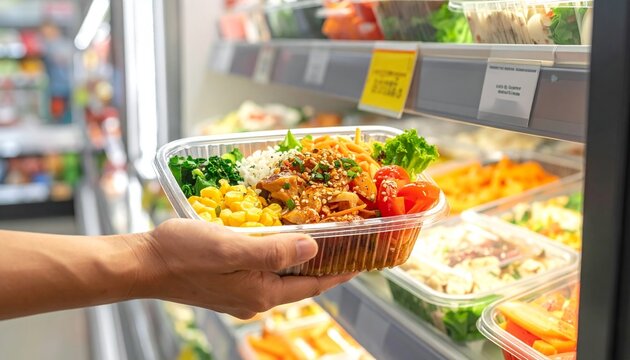 A close up shot of a hand holding a prepackaged meal tray filled with a fresh salad bowl inside a grocery store refrigerated aisle display.