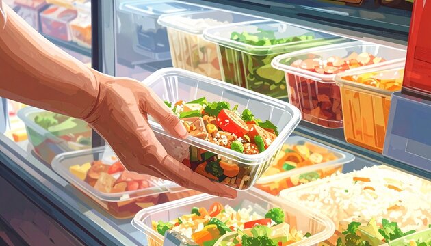 Person selecting a healthy prepackaged meal from a refrigerated grocery store display case showcasing a variety of fresh food containers.