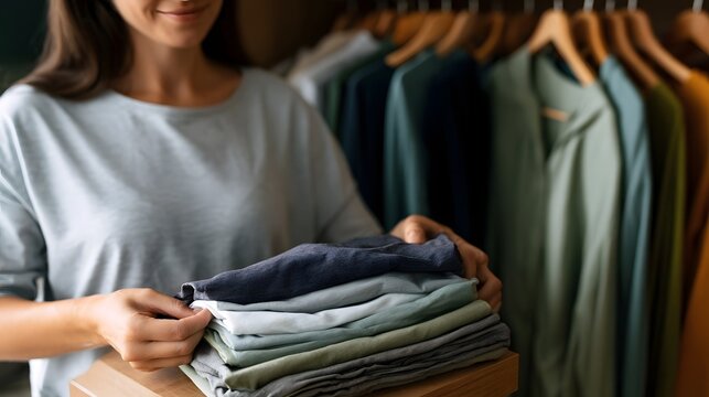 A person holding a stack of folded clothes while standing near a rack of garments on wooden hangers