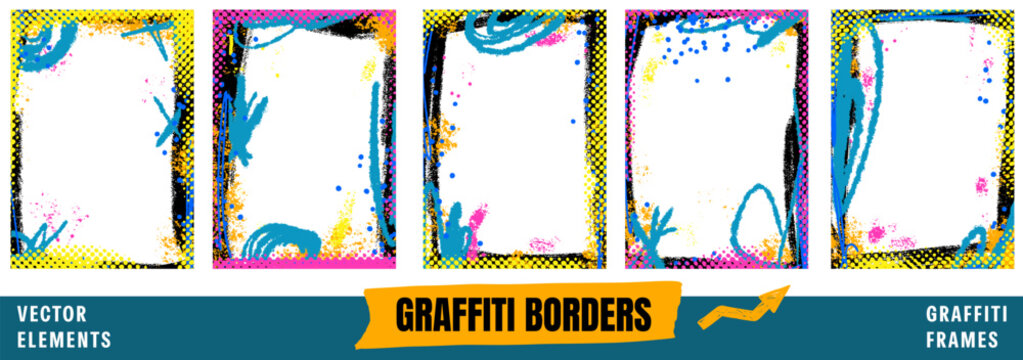 Vertical grunge frames with graffiti paint for photo collage. Spray text box borders and frame edges in yellow, pink and blue on halftone background. Vector set of vertical poster templates