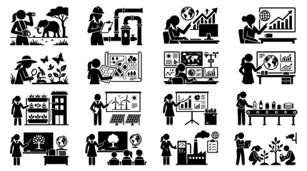 Obraz premium Diverse Business & Science Icons: Innovation, Growth, Ecology, Industry, Research