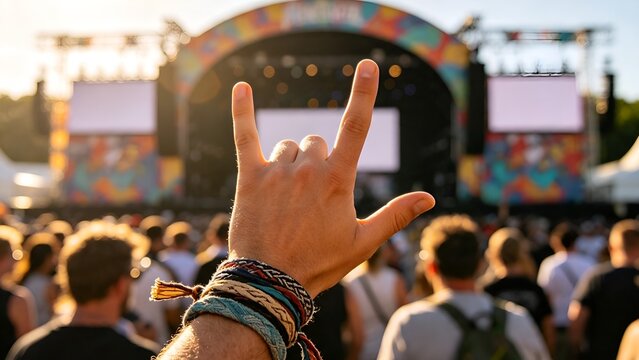 Concert goer raising hand in rock music festival gesture.