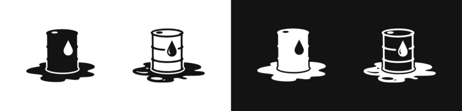 Oil barrel with leakage icon set, oil spill and environmental hazard symbols