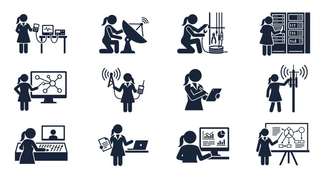 Woman in Tech: Diverse IT & Engineering Icons for Digital Innovation