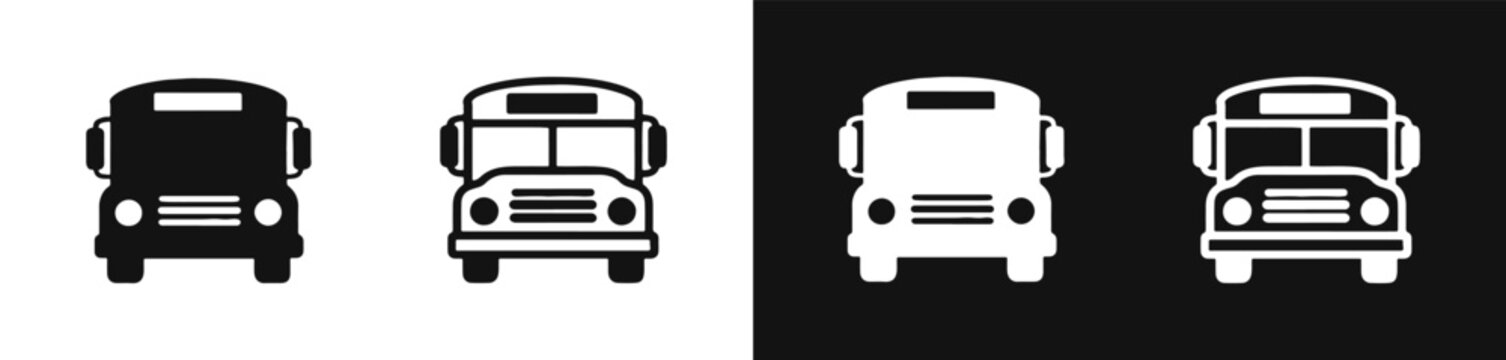 School bus front view silhouette icon set in black and white
