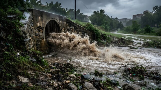 Water Gushing from Storm Sewer After Heavy Rainfall. Urban Flood Drainage System Overflow, Extreme Weather, Flash Flood Risk, Climate Change and Infrastructure Concept