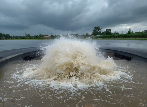 Water Gushing from Storm Sewer After Heavy Rainfall. Urban Flood Drainage System Overflow, Extreme Weather, Flash Flood Risk, Climate Change and Infrastructure Concept