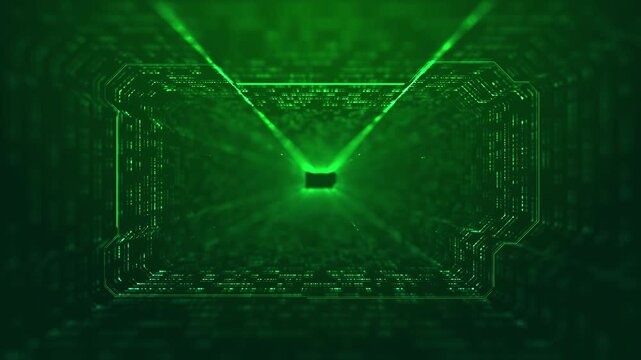 Green cyber portal interface visual luminous circuit frame, deep tunnel effect, scanning beams, digital matrix space. firewall , encryption explainers, tech alerts, security screens, motion graphics.