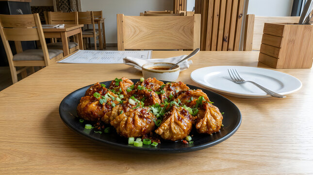 Plate of fried dumplings with green onions on a wooden table in a restaurant