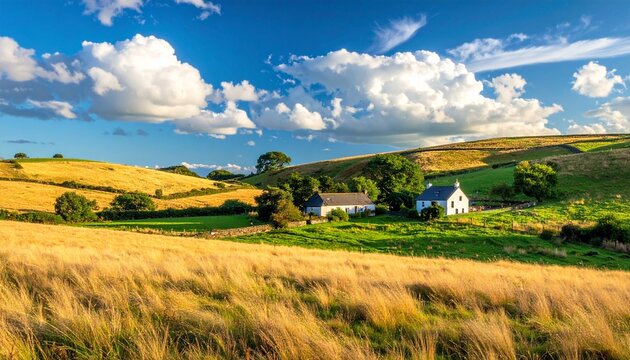 Scenic landscape view of a peaceful countryside with traditional farm houses nestled in rolling green hills under a bright summer blue sky.