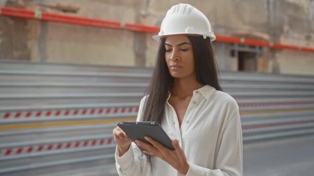 Woman architect in hardhat taps tablet and reviews digital blueprints while checking plans at building site; concentration.
