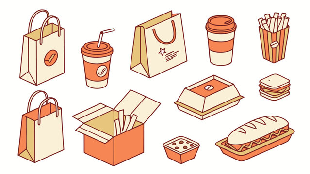 Isometric fast food packaging and delivery items. collection of paper bags, coffee cups, burger boxes, and french fries containers