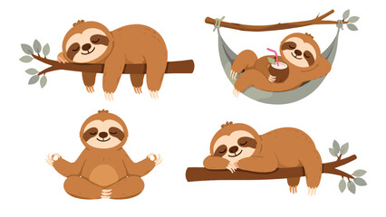 Fototapeta premium Cute sloth set with sleeping, meditating, and hammock poses