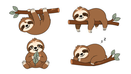 Cute sloth cartoon set with sleeping and hanging poses © Andrei