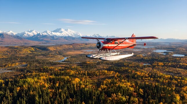 Red bush plane flying over Alaska landscape with mountains in autumn.