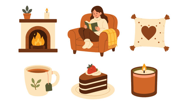 Home comfort vector set with fireplace armchair tea and candle