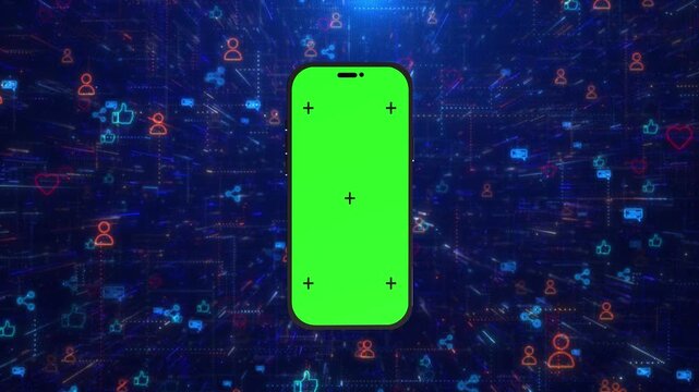 Mobile social app chroma visual green phone screen, tracking crosses, and colorful digital icons for users, likes, shares, hearts, chats. for mobile UI edits, social ads, app demos, motion graphics.