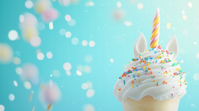 Unicorn Party Themes A unicorn shaped birthday cake with colorful frosting and sprinkles, festive background.