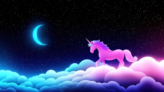 Unicorn in Magical Cloud A unicorn walking on a fluffy white cloud, with a starry night sky and a crescent moon in the background.