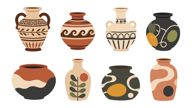 Set of decorative ceramic vases and amphora illustrations