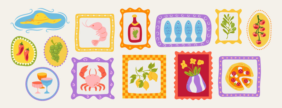 Summer Italian stamp collection with vintage postcard frames and lemon patterns. Mediterranean vector design with Amalfi coast elements, doodle fish illustrations and retro summer travel posters.
