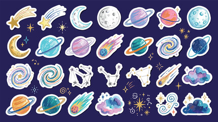 Set of cute space stickers with planets, stars, comets, constellations, and galaxies on a dark blue background © ISMOTARA
