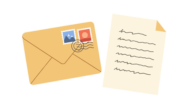 Envelope with postage stamps beside a handwritten letter