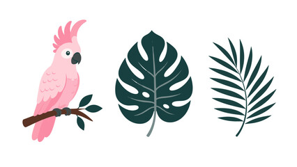Pink cockatoo with tropical leaves in flat vector style © Andrei
