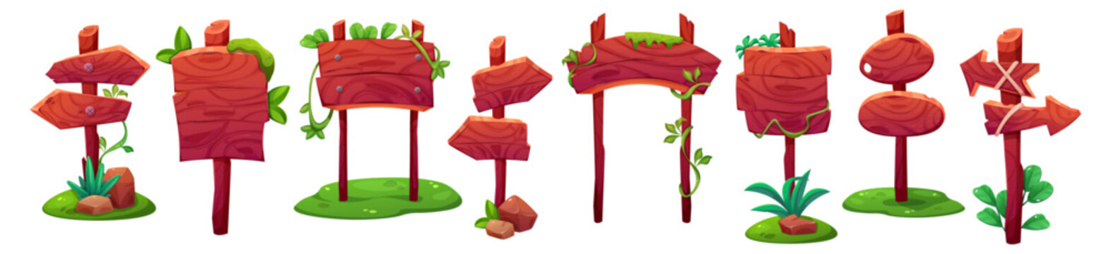 Wooden signboard collection with rustic wood planks, directional arrows and cartoon banners. Vector panels with rope, tropical jungle elements and vintage farm signs for game UI design.