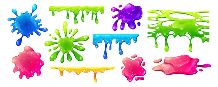 Sticky slime splash vector with green liquid glue and blob effects. Toxic drip texture with sauce paint and colorful frame elements. Slimy splatter icon for comic design with melting cartoon shapes.