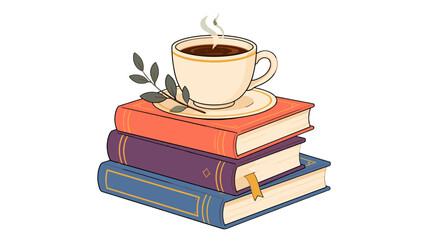 Steaming coffee cup on stacked books with leafy branch illustration