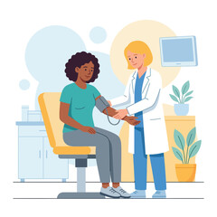 Obraz premium Doctor checks patient's blood pressure with sphygmomanometer, flat vector illustration of healthcare and medical checkup
