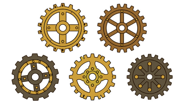 Set of five vintage gear wheel illustrations on white