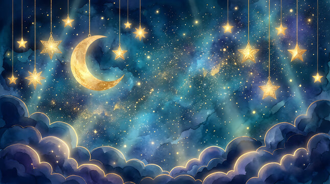 Crescent moon and glowing hanging stars in a dark night sky with soft purple clouds