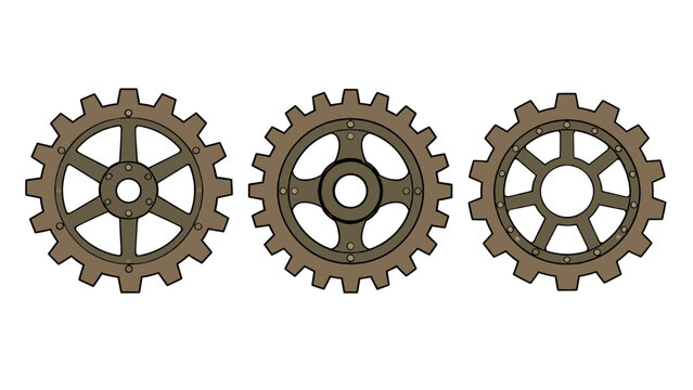 Set of three brown mechanical gears isolated on white