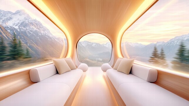Hyperloop train travelling at high speed through a tunnel Interior view of a passenger cabin as the hyperloop travels at high speed.