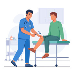 Fototapeta premium Doctor examining patient with reflex hammer in clinic - simple flat vector illustration.