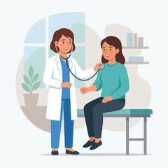 Fototapeta premium Doctor examining patient with stethoscope, vector illustration of a medical check-up in a clinic, friendly healthcare scene