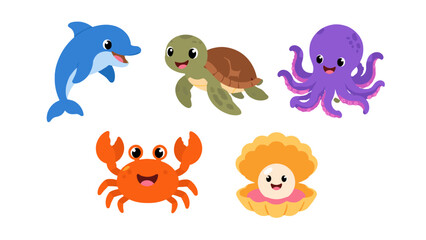 Cute cartoon sea animals collection isolated on white © Andrei