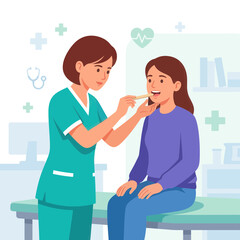 Fototapeta premium Doctor examining patient's throat with tongue depressor, medical check-up, illustration