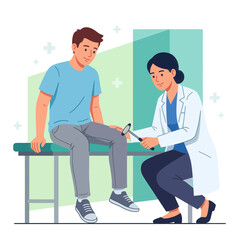 Fototapeta premium Doctor performs reflex test on patient's knee with reflex hammer in a modern medical clinic setting.